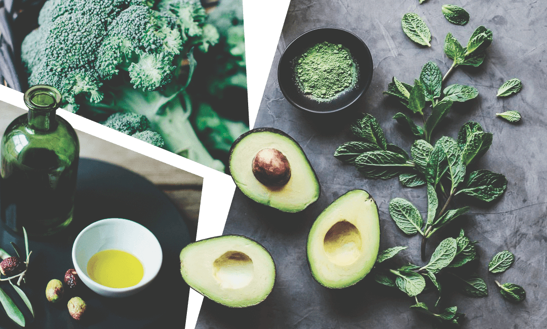оливковое масло, авокадо и зеленые овощи полезны для организма и укрепления волос