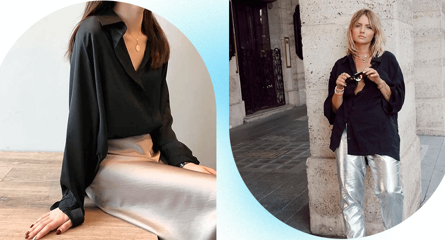 черная рубашка с брюками металлик